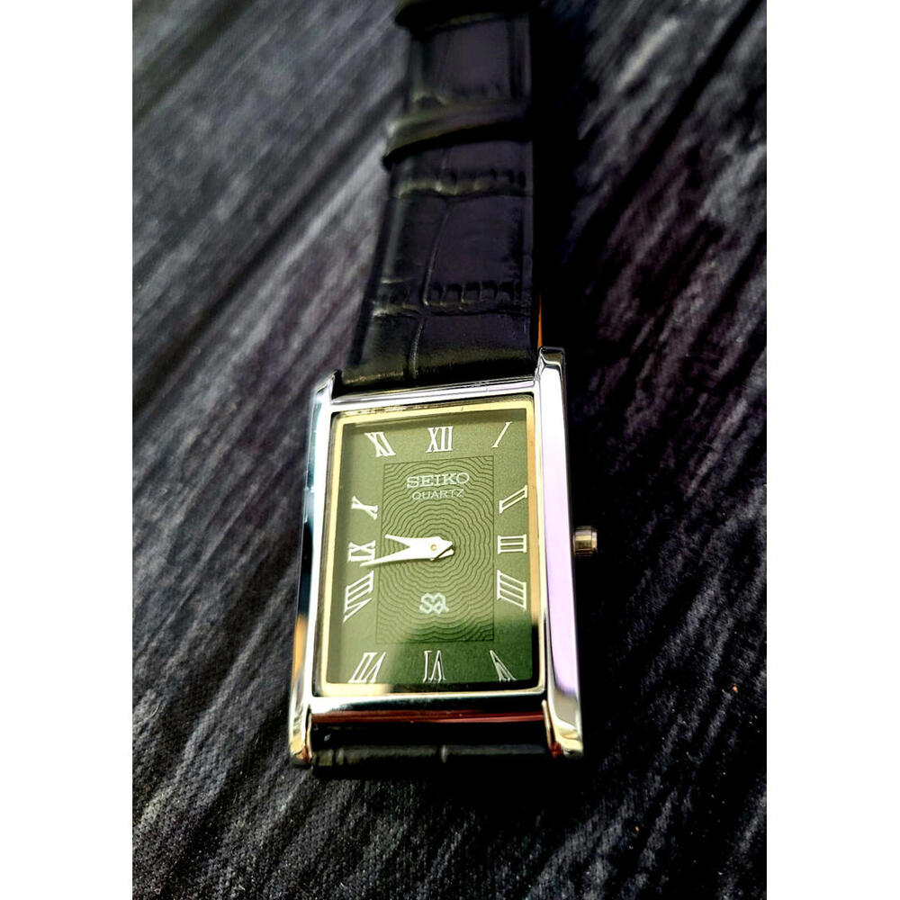 Rare Vintage Slim‎ Tank Quartz Mans Slv-Grn-Blk Leather Watch - Picture 3 of 8